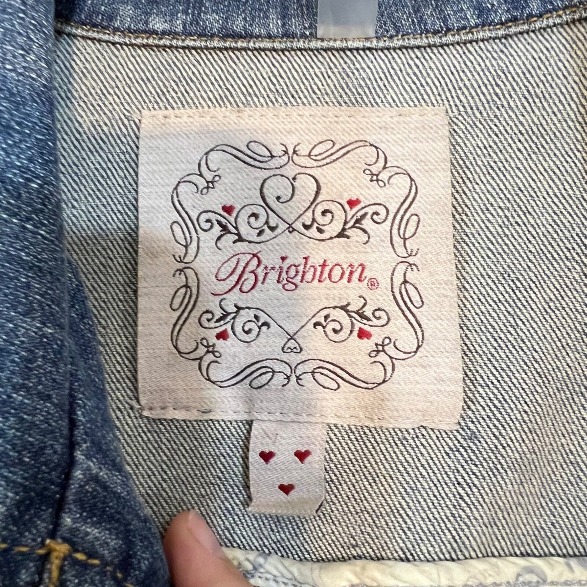 Brighton Denim Trucker Jacket Women Medium Blue Wash Crystal Heart Embroidery