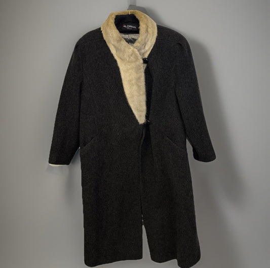 Vintage Alorna USA Stevens Gray Wool Trench Coat Satin Lined Fur Collar READ