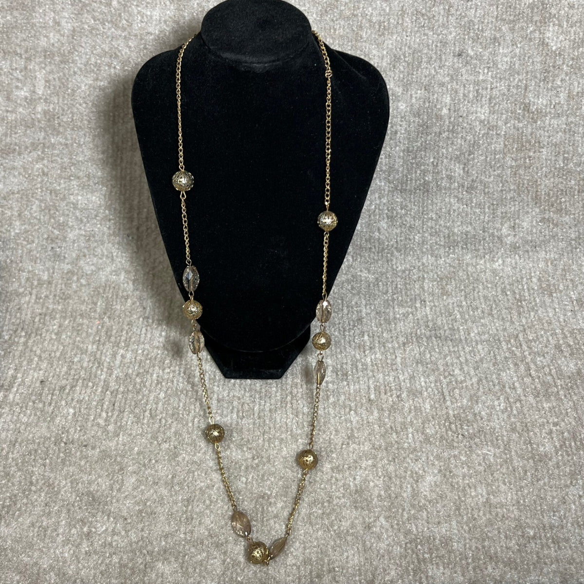 Long Gold Tone Necklace With Faceted Beads and Filigree Balls