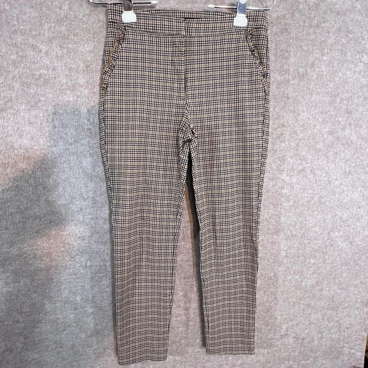 Zara Basic Plaid Ankle Pants Womens Medium Brown Gingham Check Ruffle Trim