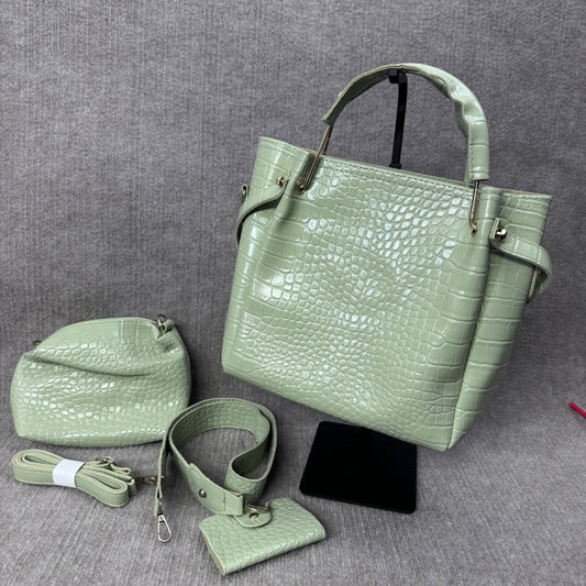 Sage Green Croc Embossed 3 PC Synthetic Purse Set Bucket Bag Crossbody Wallet