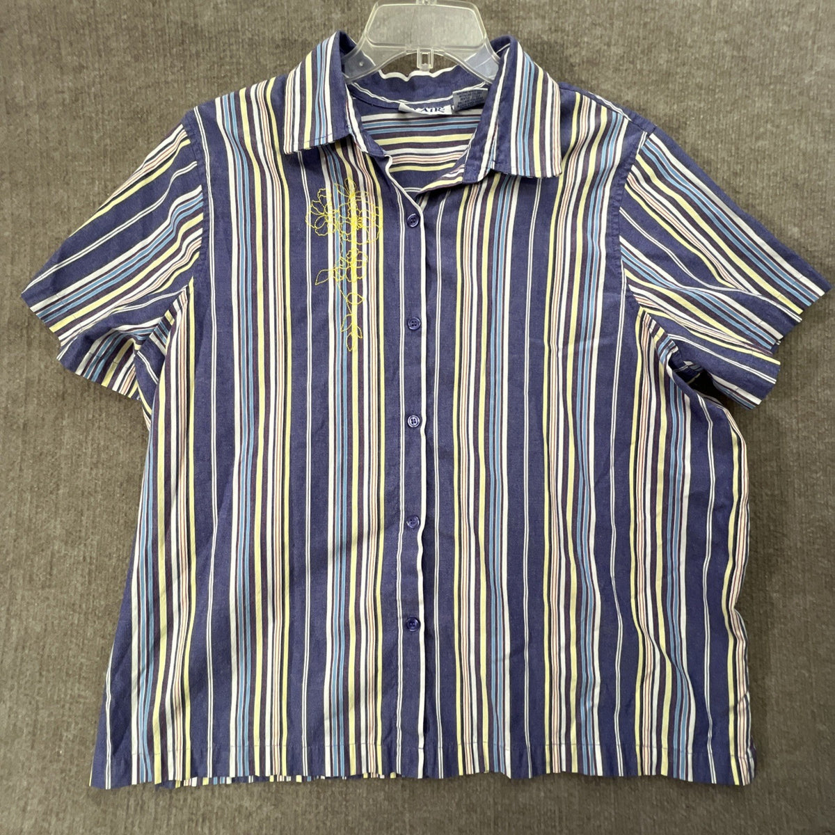 Blair Button-Up Shirt Embroidered Floral Purple White Striped 3/4 Sleeve Top XL