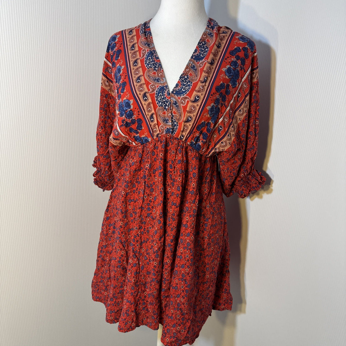 Umgee Boho Summer Red Mini Dress Floral Med Baby Doll Puff Sleeve V neck
