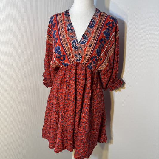 Umgee Boho Summer Red Mini Dress Floral Med Baby Doll Puff Sleeve V neck
