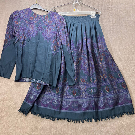 Vintage Paisley Print Blouse Skirt Set Teal Purple Bohemian Boho Fringe