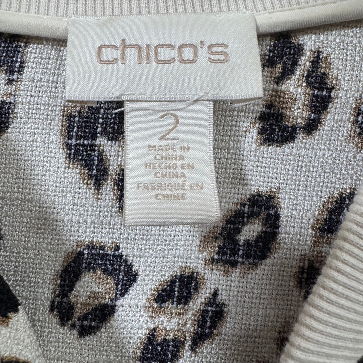 Chicos Sz 2 Leopard Print Bomber Jacket Zip Front Knit Casual Outerwear Large