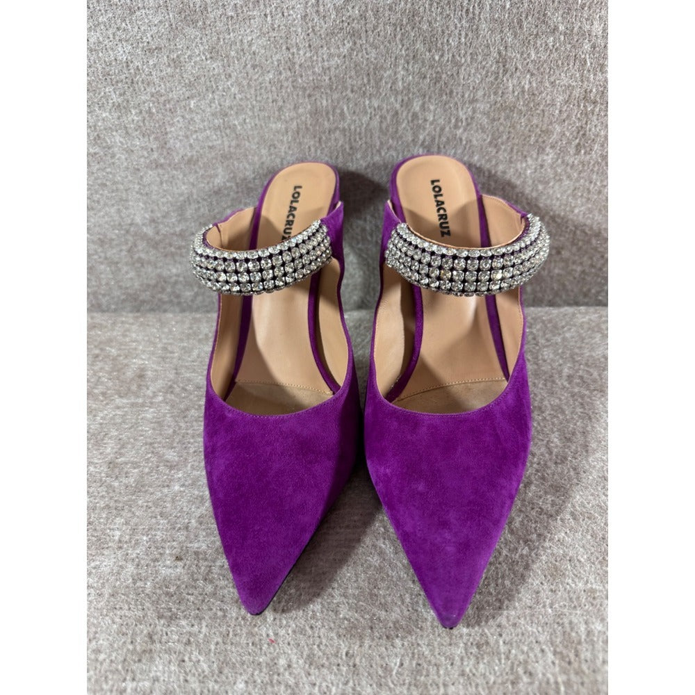 Lola Cruz Suede Mules Women 40 Purple Rhinestone Strap Pointed Toe Stiletto