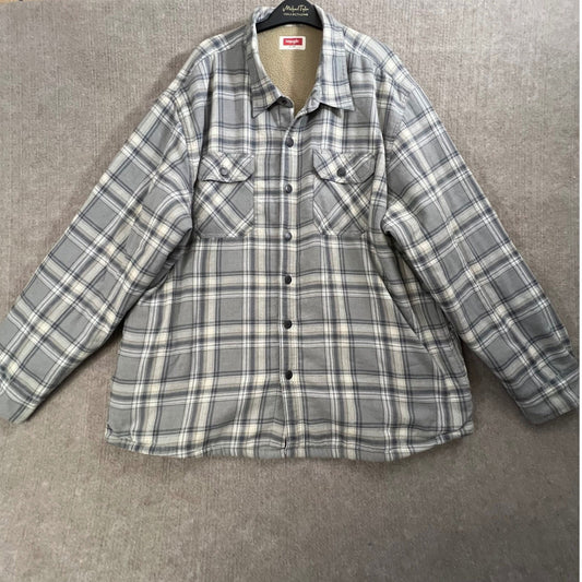 Wrangler Mens 2XL Gray Plaid Sherpa Lined Flannel Shirt Jacket Overshirt
