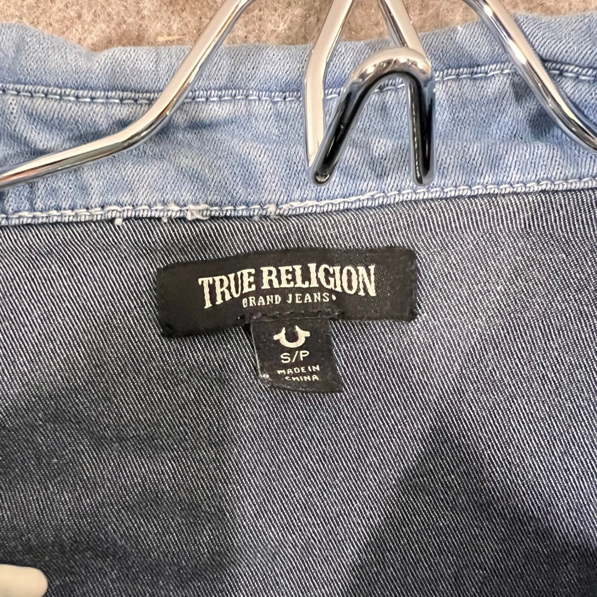 True Religion Western Denim Shirt Womens Small Blue Long Sleeve Pearl Snap Boho