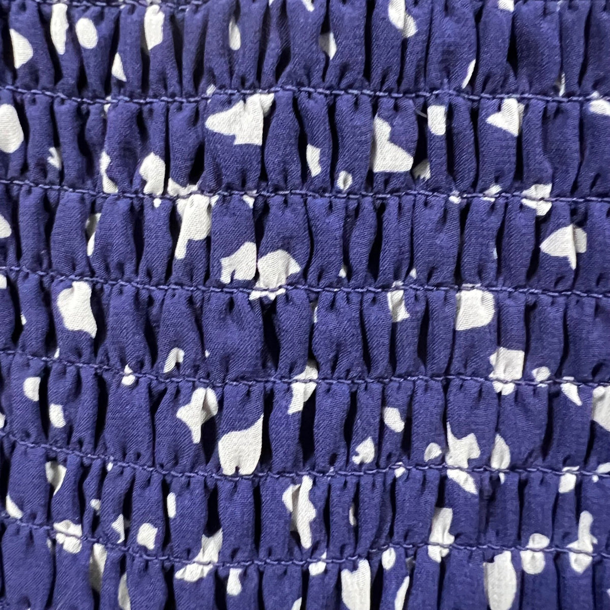 AQUA Navy Blue White Speckled Print Ruffle V Neck Smocked Waist Dress Size S