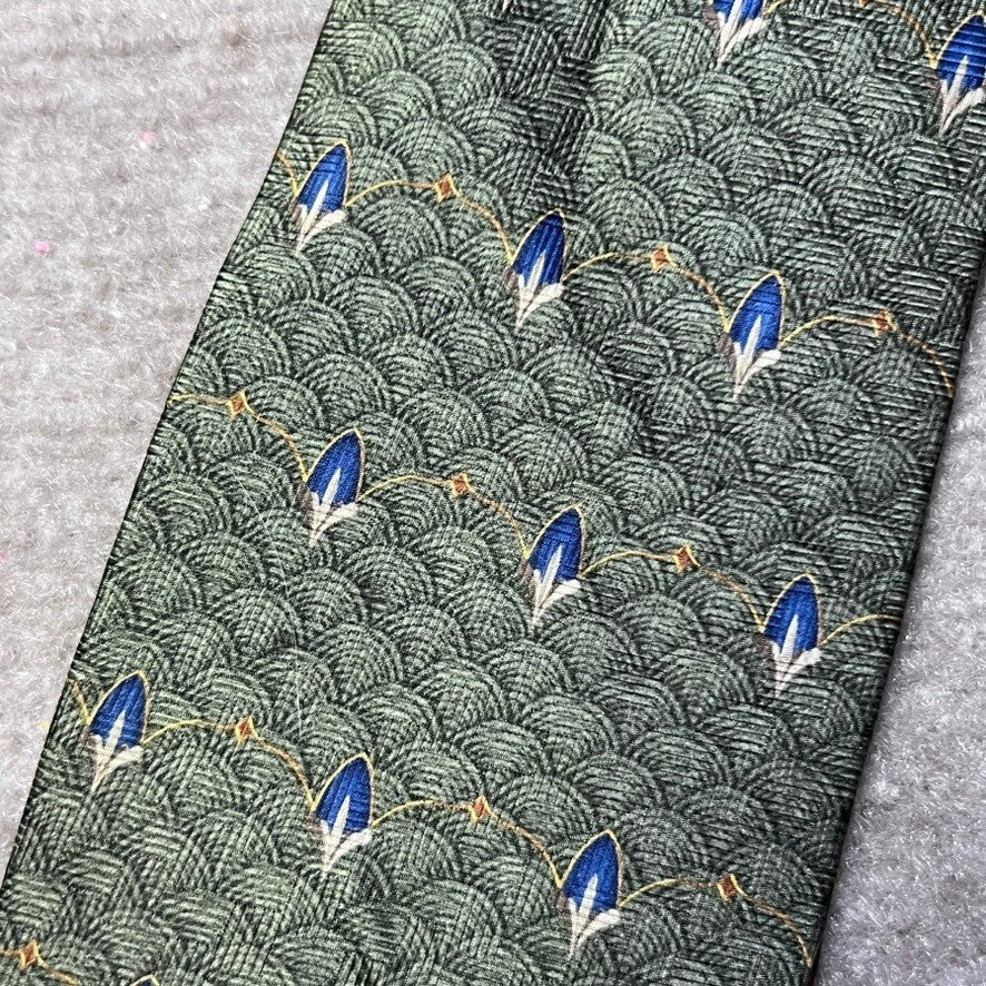 Bill Blass Black Label Silk Necktie Olive Green Blue Art Deco Pattern Elegant