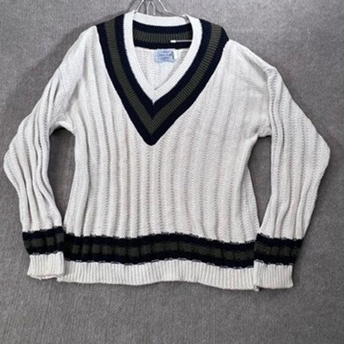 Vintage Free Fall USA Med Made Chunky Knit V Neck Cricket Sweater Ribbed Preppy