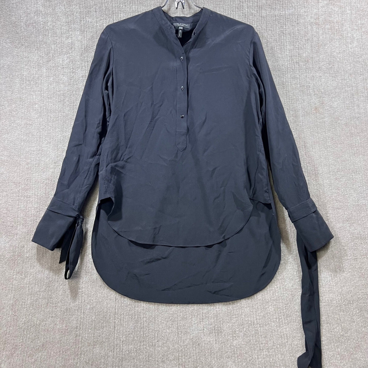 Rag Bone New York Black Silk Mandarin Collar Long Sleeve Tie Cuff Tunic Top XXS