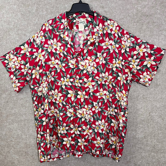 Vintage Hilo Hattie Hawaiian Shirt Mens 2XL Red Floral Rayon Aloha Tropical