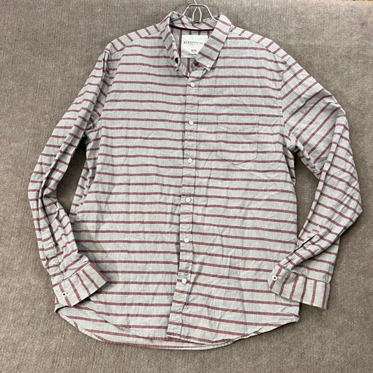 Aeropostale Men XL Button Down Shirt Striped Gray Red Long Sleeve Casual Preppy