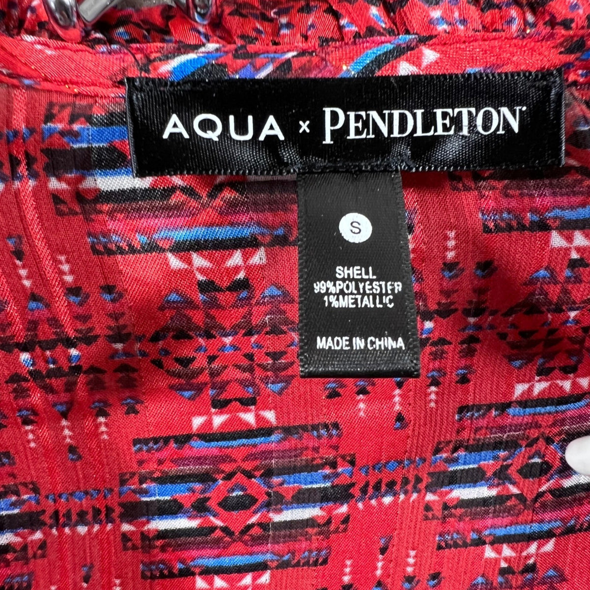 AQUA x PENDLETON Red Blue Geometric Print Ruffle Sleeve Mock Neck Blouse Size S