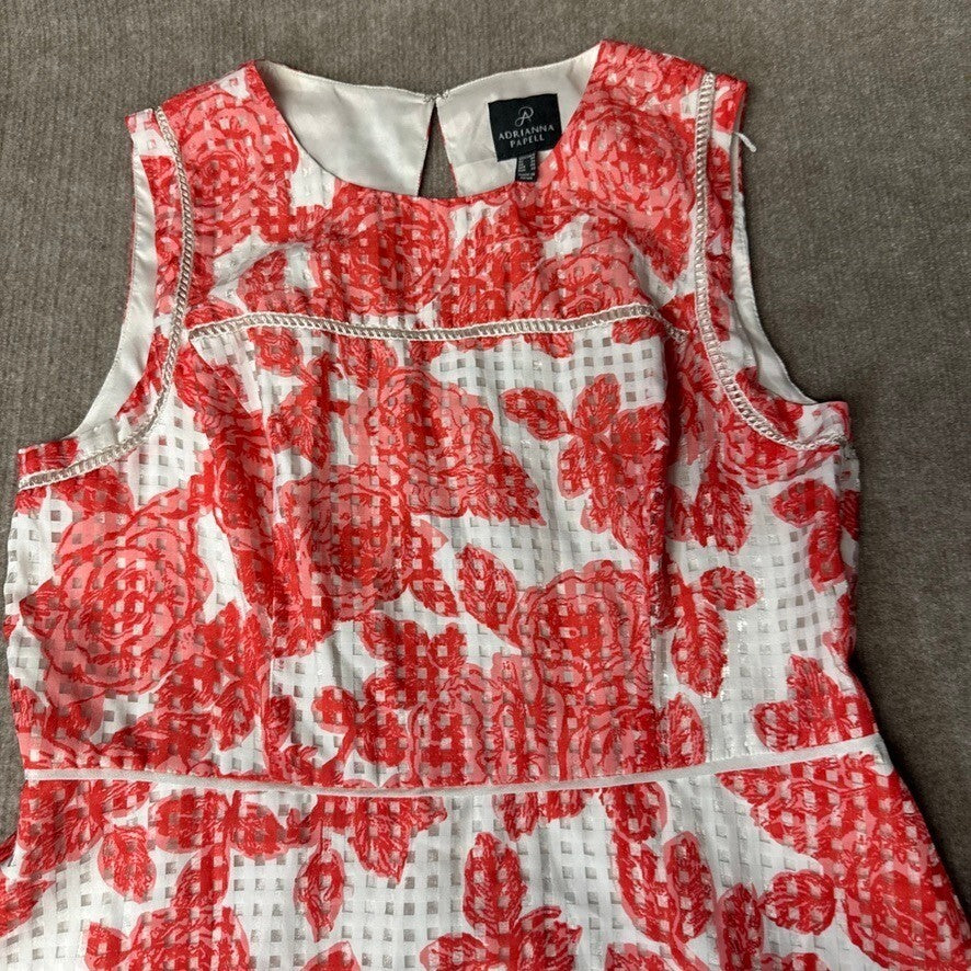 Adrianna Papell White & Orange-Red Floral Dress Sleeveless Fit & Flare Party