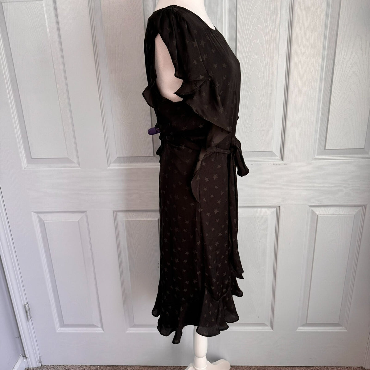 Max Studio Black Star Print Ruffle Flirty Hi-lo hem Dress Sz L Orig $138