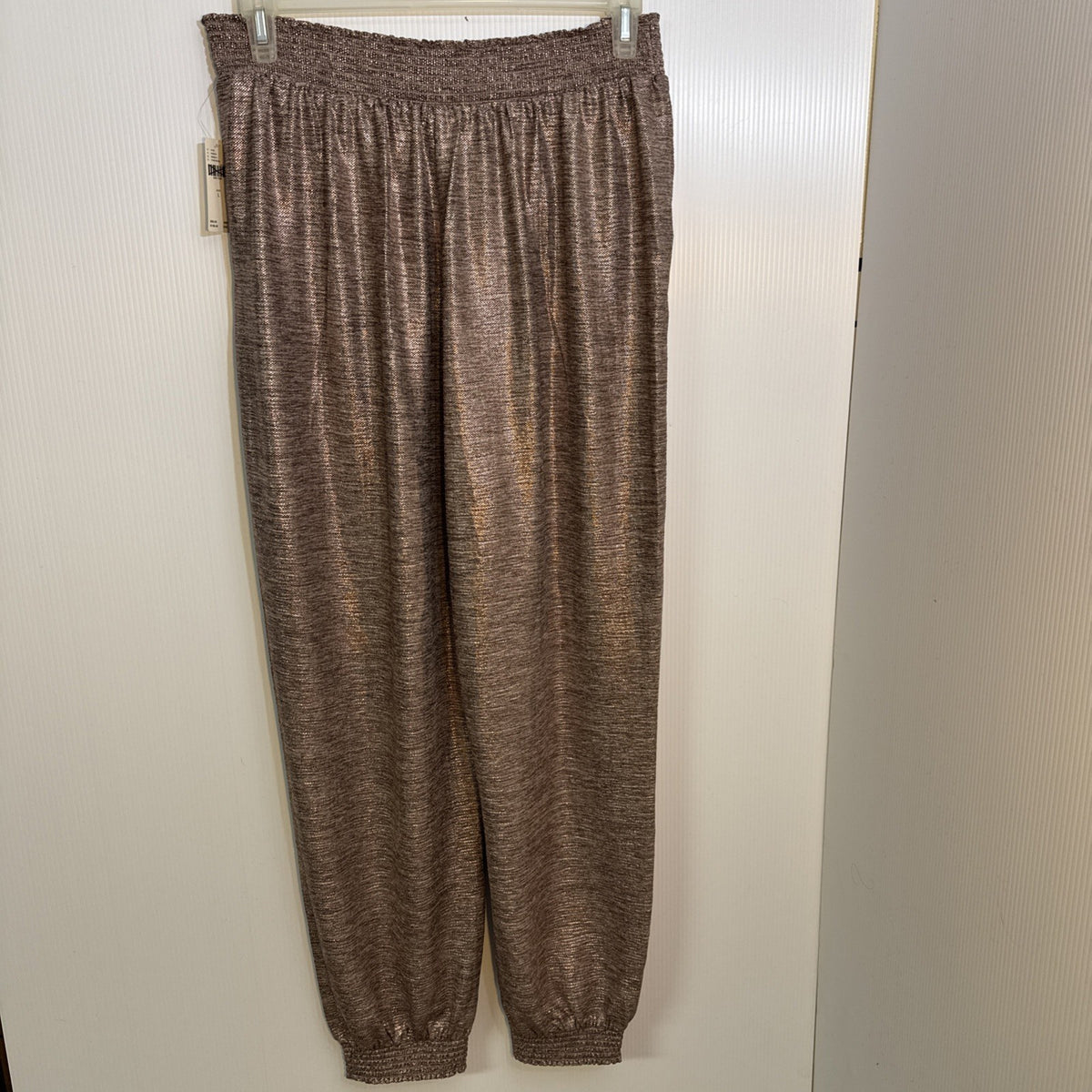 NWT Anthropologie Melora Metallic Rose Gold Joggers Sz L Festival Disco Glam