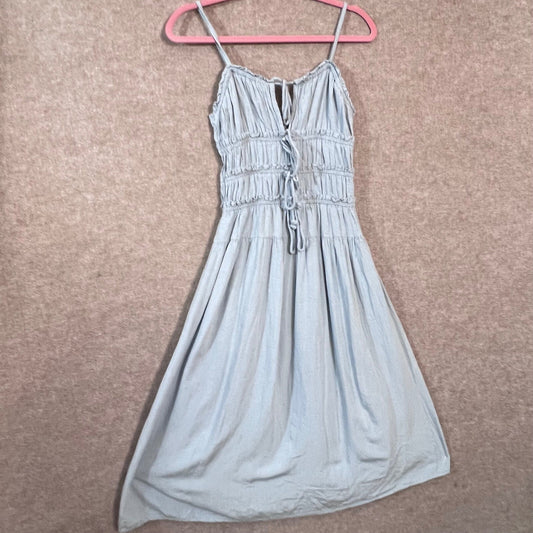 Womens Small Blue Smocked Linen Blend Cottagecore Midi Sundress Coquette Fairy