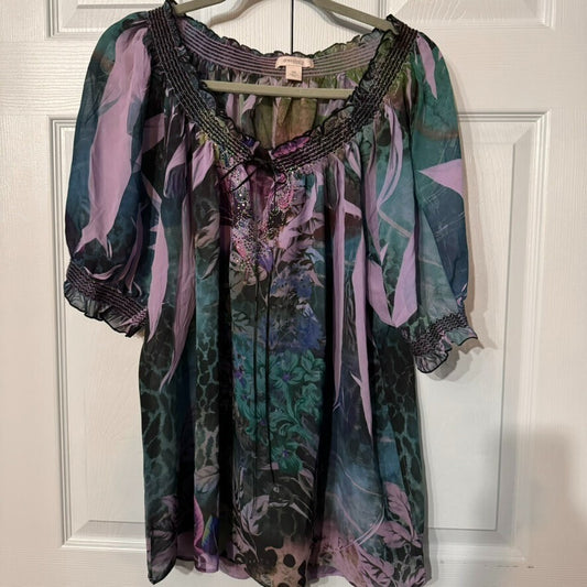 Dress Barn Woman 2X Smocked Tie Dye Button Front Top, Puff Sleeve Smocked Trim