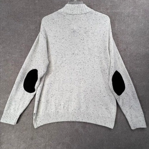 Chaps 78 Gray Speckled Cotton Blend 1/4 Button Mock Neck Elbow Patch Sweater