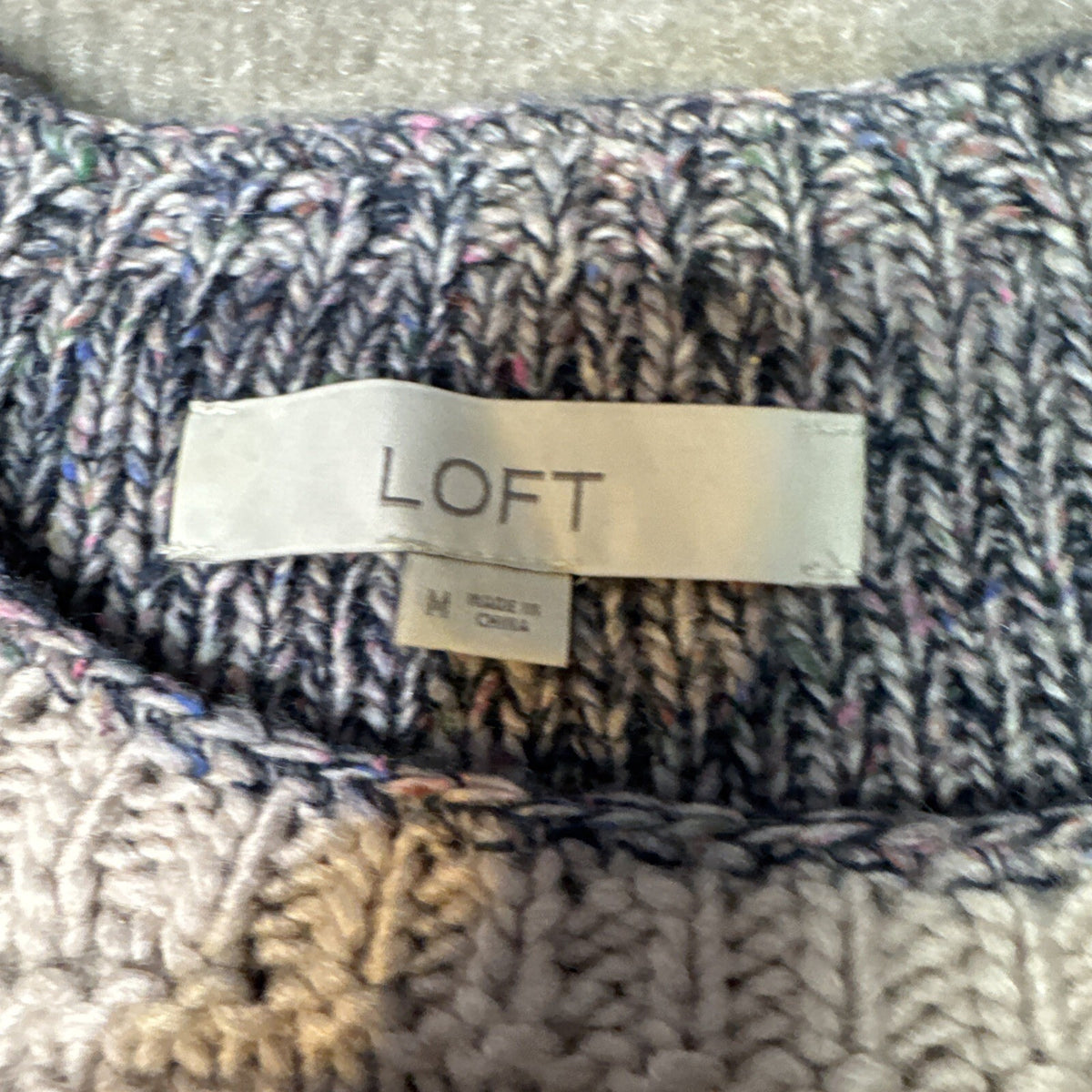 LOFT Colorblock Patchwork Knit Sweater Bell Sleeve Crew Neck Size M