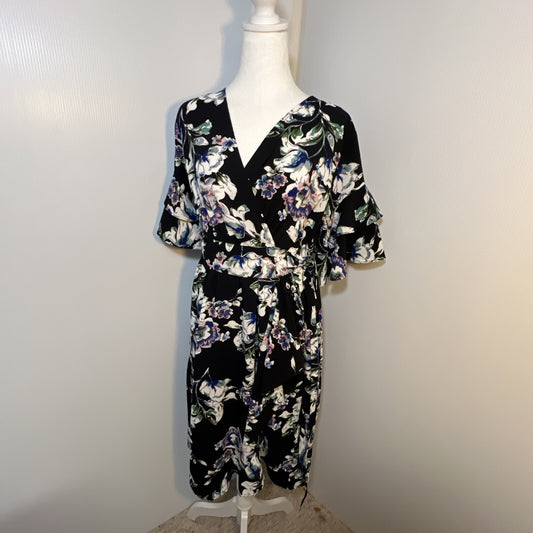 Umgee Med Navy Floral Midi Dress 3/4 Bell Sleeve Wrap Tie Fairy Cottagecore