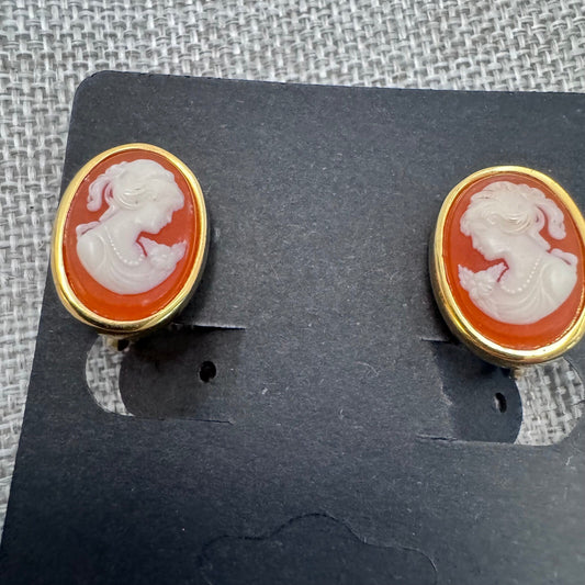 Vintage Crown Trifari Cameo Clip Earrings & Avon Cameo Stick Pin Set Gold Tone