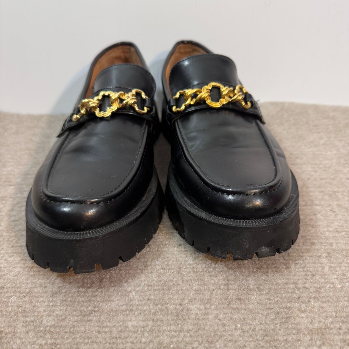 Sam & Libby Loafers Womens 10 Black Gold Chain Lug Sole Platform Preppy Goth