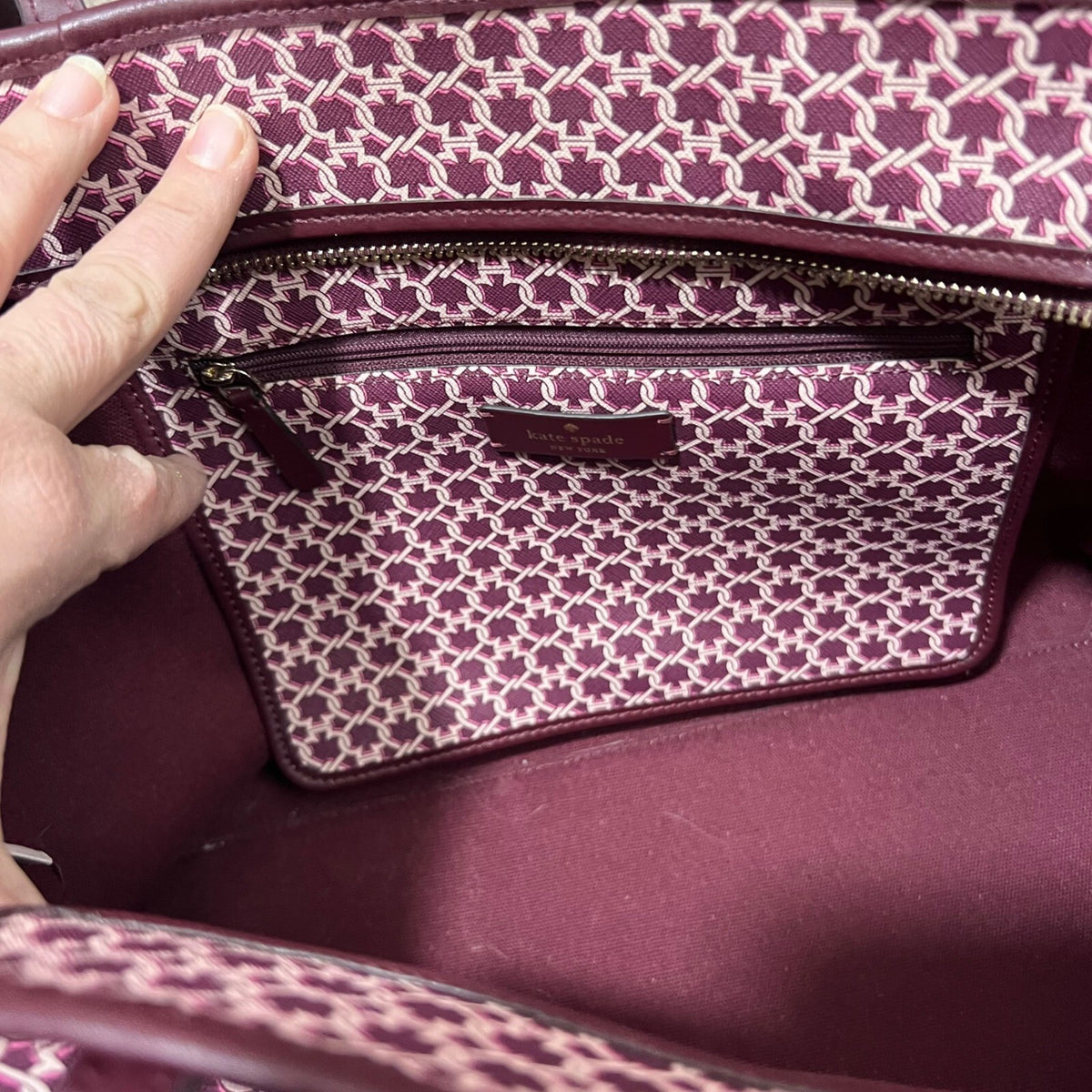 Kate Spade Link Tote Bag Burgundy Signature Logo Print Leather Trim