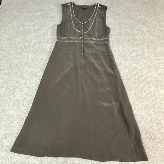 Theory Silk Sleeveless Empire Waist Dress Beaded Size 2 Boho Cottagecore Midi