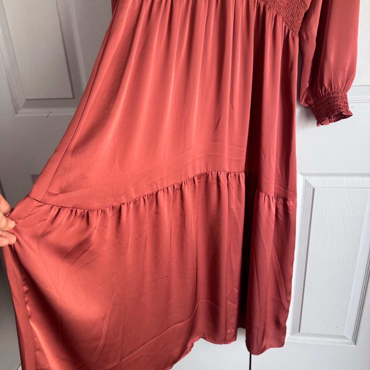 Express Midi Dress Women XL Rust Satin Smocked Waist Tiered Boho Romantic