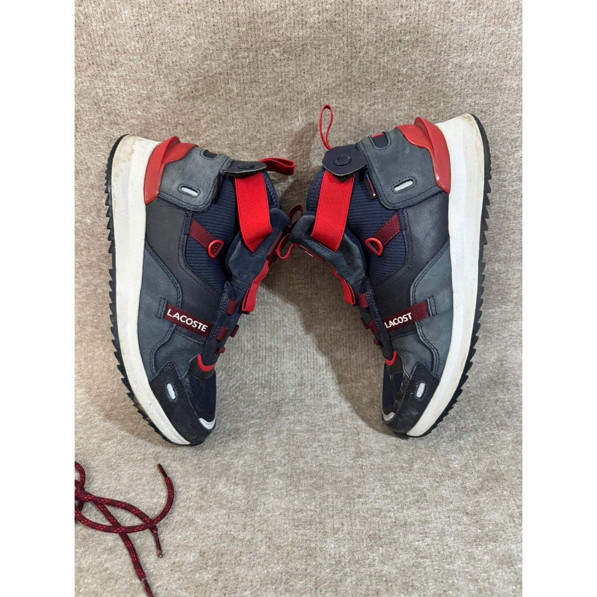 Lacoste Run Breaker Mid Sneakers Mens 8 Navy Red Suede Leather High Top