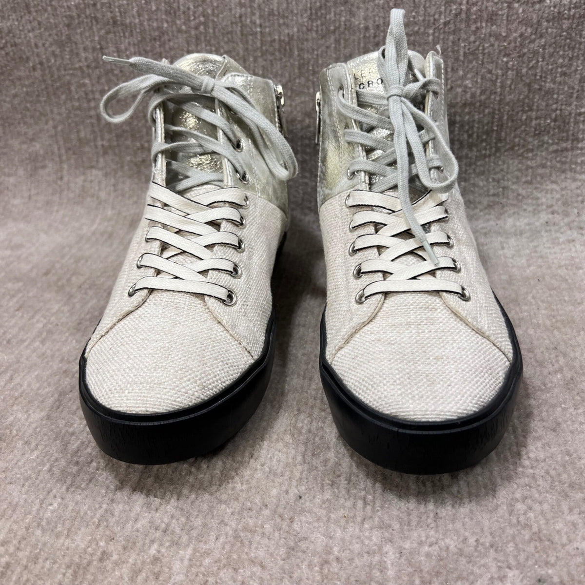 Leather Crown High Top Sneakers Metallic Silver White Canvas Side Zip Women 38