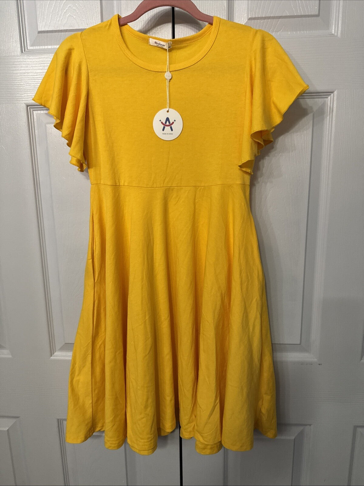 NWT Arshiner Dress Women A-Line Flutter Sleeve Pockets Yellow Medium by Measure