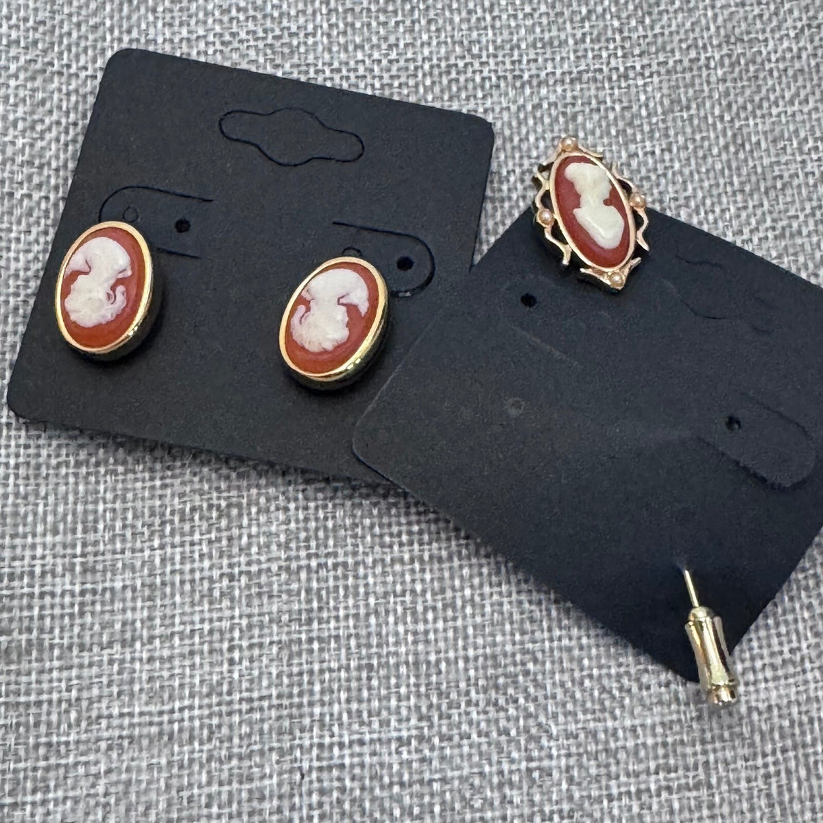 Vintage Crown Trifari Cameo Clip Earrings & Avon Cameo Stick Pin Set Gold Tone