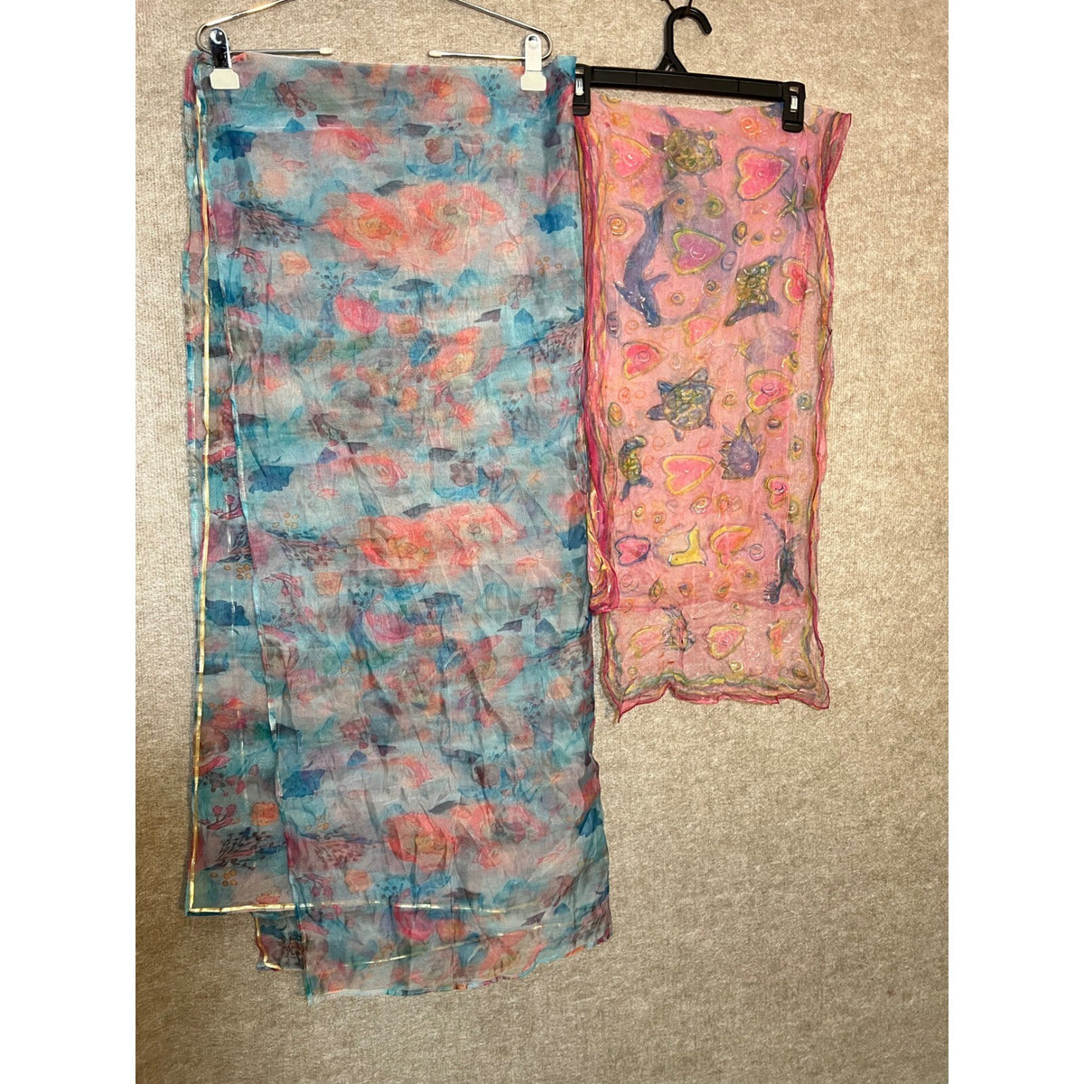 Sheer Scarf Lot of 2 Women Floral Sea Life Print Blue Pink Gold Boho Wrap