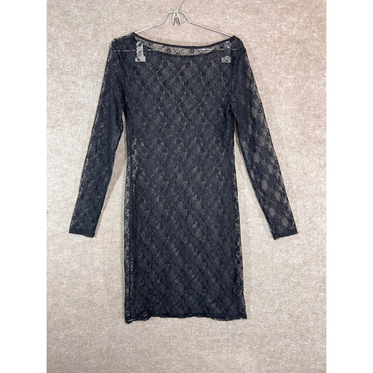 Y2K Black Lace Mini Dress Sheer Small Long Sleeve Sheer Floral Goth Whimsigoth