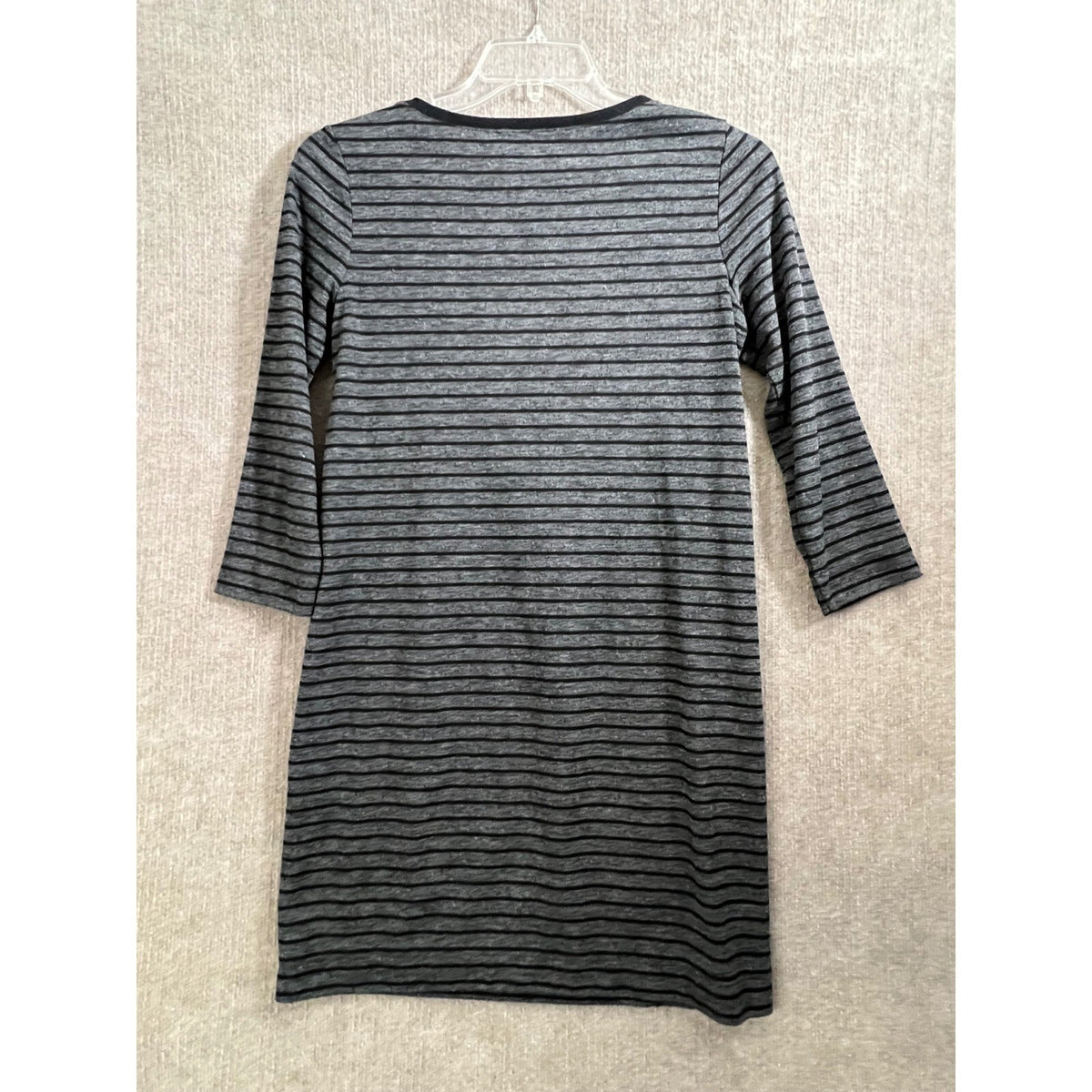 LOFT Gray Black Striped 3/4 Sleeve Knit Shift Dress with Zipper Detail Size S