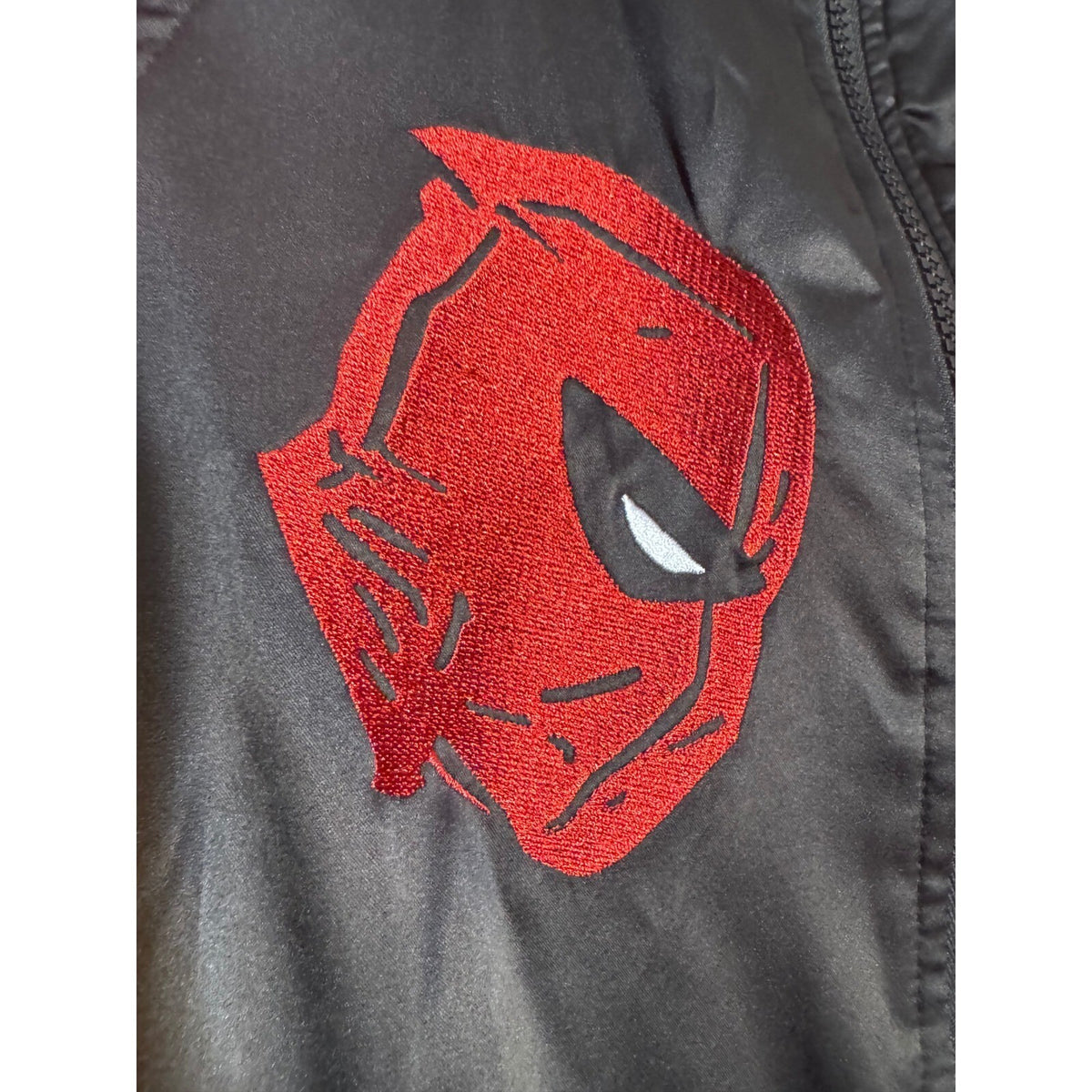 Marvel Deadpool Bomber Jacket Adult Small Black Red Satin Embroidered Gorpcore