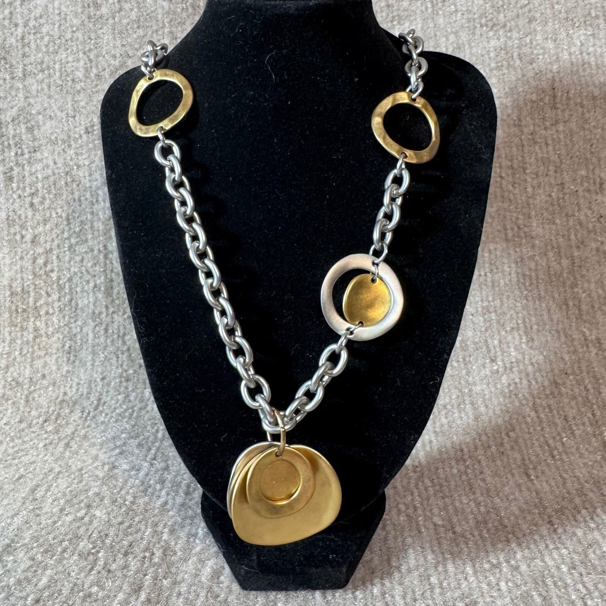 Premier Designs Two Tone Mixed Metal Abstract Circle Chain Necklace Modern Bold