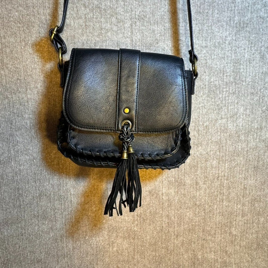 T-Shirt & Jeans Saddle Black Bag Vegan Leather Satchel Lacing and Fringe Detail
