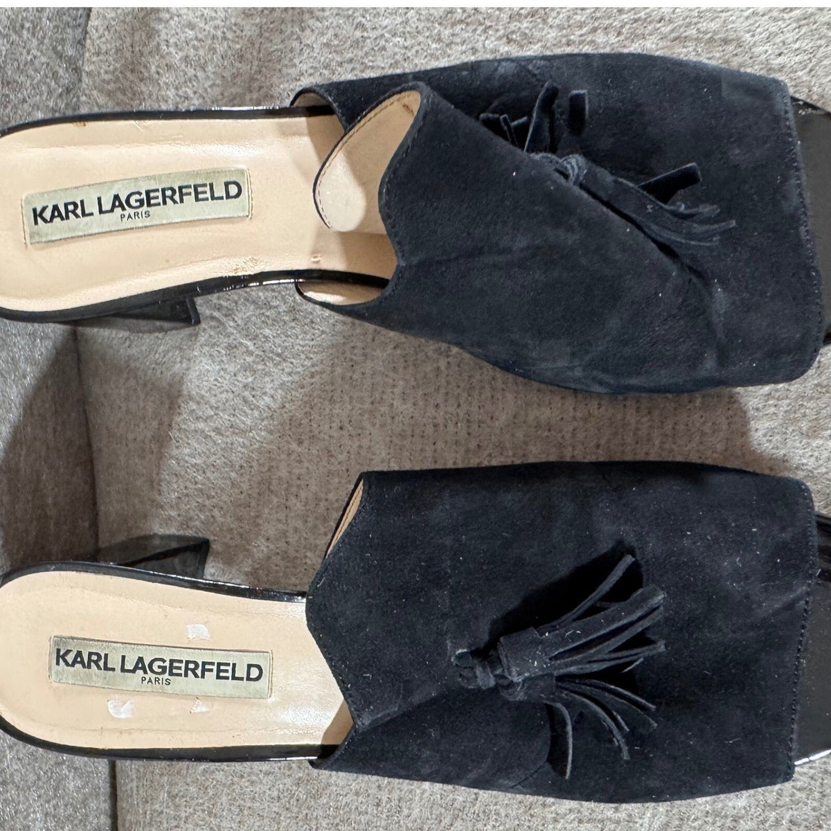 Karl Lagerfeld Hettie Black Mules Women 10 Suede Tassel Block Heel Chic