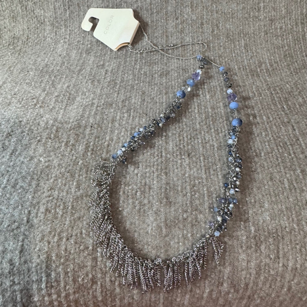 Silver Tone Fringe Statement Necklace Blue Beaded Waterfall Boho Evening
