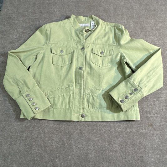 First Issue Liz Claiborne Denim Jacket Women Lg Green Tab Collar Chore Pocket