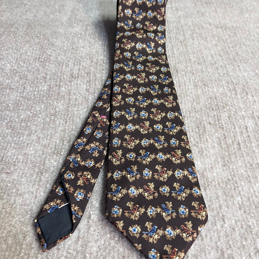 Oscar de la Renta Signature Silk Tie Brown Blue Bird Floral Botanical Necktie