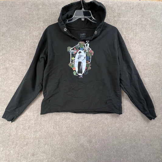 Harry Styles Hoodie Cropped Black Graphic Long Sleeve Holes Distressed Pullover