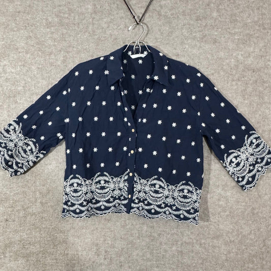 Zara Eyelet Embroidered Crop Eyelet Shirt Womens Size Small Navy Boho Coastal