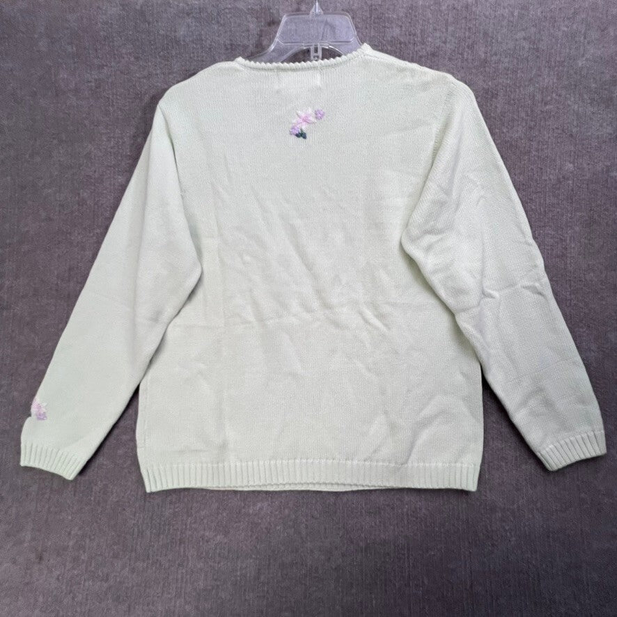 Tulchan Womens Sweater Large Green Floral Embroidered Knit V Neck